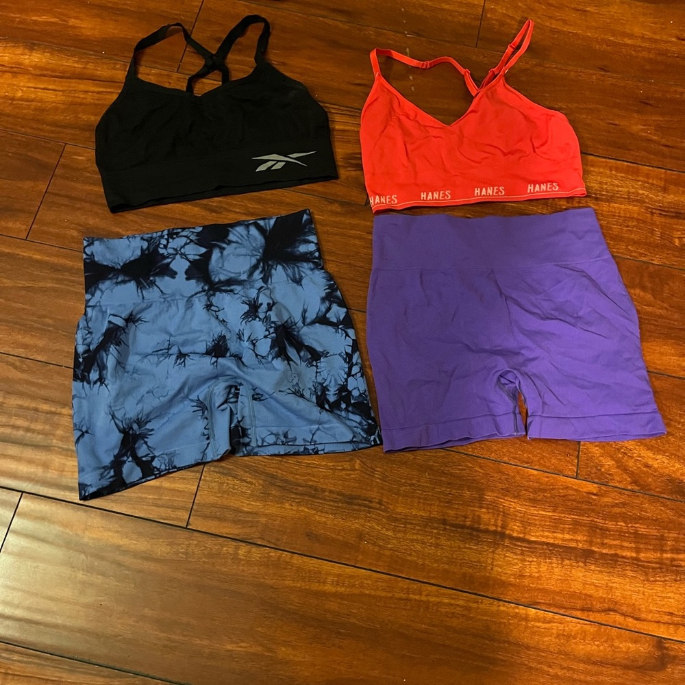 Reebok Black Sports Bra and Hanes Red Bralette with Tie-Dye and Purple Shorts